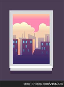 Home window with big city outside. Cloud sky landscape. Vector illustration. Home window with big city outside. Cloud sky landscape