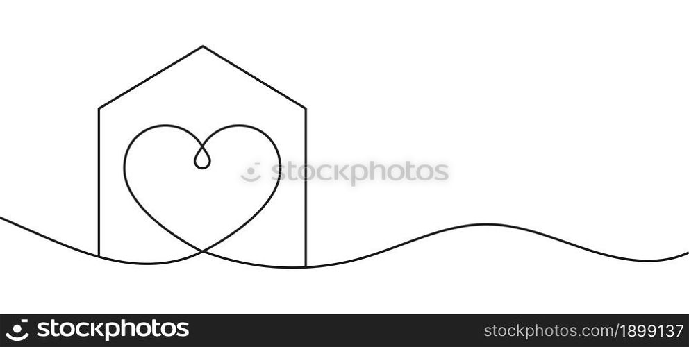Home with heart line art drawing vector illustration. Continuous one line drawing house with heart shape. Abstract love symbol. Outline ribbon vector background. Art design template.. Home with heart line art drawing vector illustration. Continuous one line drawing house with heart shape.