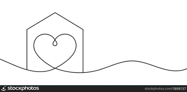 Home with heart line art drawing vector illustration. Continuous one line drawing house with heart shape. Abstract love symbol. Outline ribbon vector background. Art design template.. Home with heart line art drawing vector illustration. Continuous one line drawing house with heart shape.