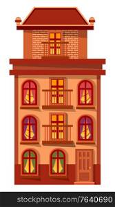 Home with windows and entrance exterior vector. Isolated building with lights from rooms. Estate made of brick or stone. Modern or vintage architecture of city. Facade of home for citizens flat style. House Made of Brick in Evening, Lights in Windows