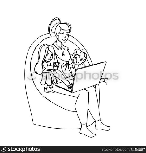 home work stress mother vector. family child, parent computer, laptop mom office, busy tired quarantine home work stress mother character. people black line pencil drawing vector illustration. home work stress mother vector