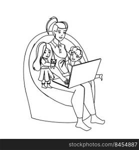 home work stress mother vector. family child, parent computer, laptop mom office, busy tired quarantine home work stress mother character. people black line pencil drawing vector illustration. home work stress mother vector