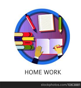 Home work student writing in textbook, studying from books and obtaining knowledge vector. Pupils loaded with notebooks and school supplies. Busy people at workplace solving problems composing text. Home work student writing in textbook, studying from books