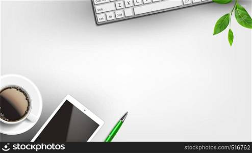 Home Working Place With Devices Flat Lay Vector. White Cup Of Coffee Near Tablet And Pen, Keypad And Green Leaves On Branch Of Home Tree On Home Desk. Copy Space Top View Illustration. Home Working Place With Devices Flat Lay Vector