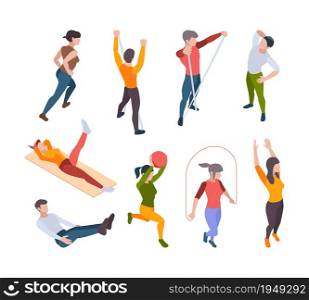 Home workout. Active people making sport exercises alone online broadcasting fitness and yoga activities vector isometric. Illustration activity workout exercise, people training. Home workout. Active people making sport exercises alone online broadcasting fitness and yoga activities vector isometric