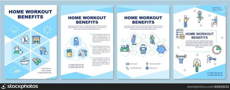 Home workout benefits brochure template. Home exercising advantages. Flyer, booklet, leaflet print, cover design with linear icons. Vector layouts for magazines, annual reports, advertising posters. Home workout benefits brochure template