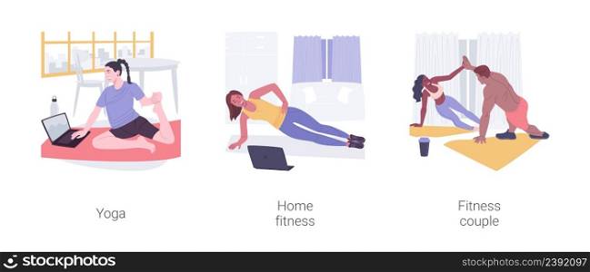Home workout isolated cartoon vector illustrations set. Sporty woman practice yoga, online training plan, watch exercise using laptop, fitness couple doing home workout, lifestyle vector cartoon.. Home workout isolated cartoon vector illustrations set.