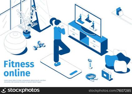 Home workout online fitness program advertisement isometric composition with young woman following video course exercise vector illustration