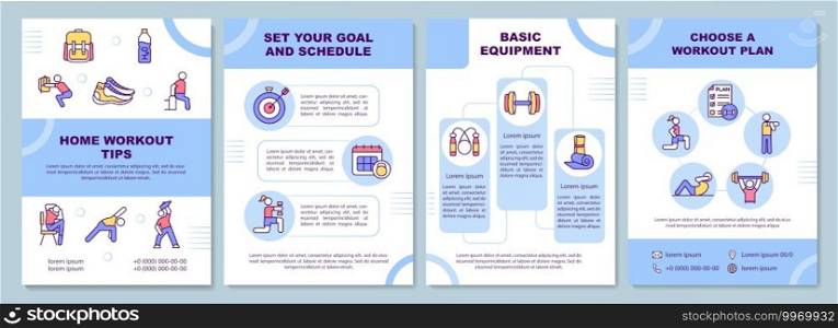 Home workout tips brochure template. Set your goal and schedule. Flyer, booklet, leaflet print, cover design with linear icons. Vector layouts for magazines, annual reports, advertising posters. Home workout tips brochure template