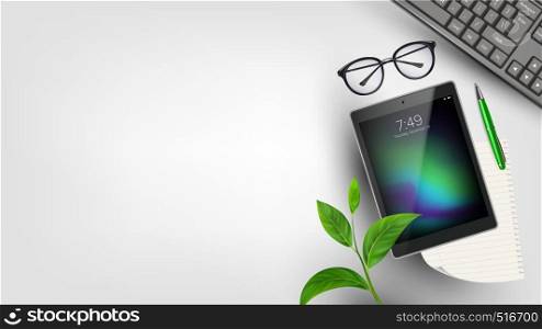 Home Workplace Desk With Supplies Flat Lay Vector. Realistic Green Leaves On Tablet And List, Pen And Glasses With Black Frame Near Grey Keyboard On Desk. Copy Space Top View Illustration. Home Workplace Desk With Supplies Flat Lay Vector