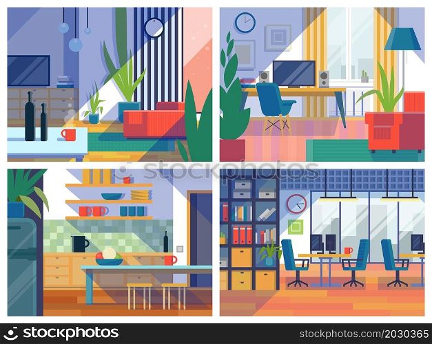 Home workplace interiors. Modern living room creative design. Office cabinet workspace with tables chairs and sofa. Different variants of flat furnishings. House furniture. Vector empty apartments set. Home workplace interiors. Living room creative design. Office cabinet workspace with tables chairs and sofa. Different variants of flat furnishings. House furniture. Vector apartments set