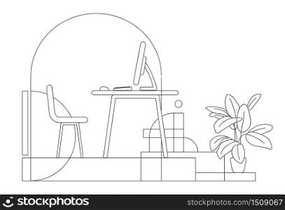 Home workplace outline vector illustration. Household office, freelancers personal workspace contour composition on yellow background. Empty room with desktop computer simple style drawing