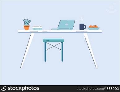 Home workplace semi flat RGB color vector illustration. Table with laptop, documents and snacks isolated cartoon objects on blue background. Cozy workspace for freelancer, independent worker. Home workplace semi flat RGB color vector illustration