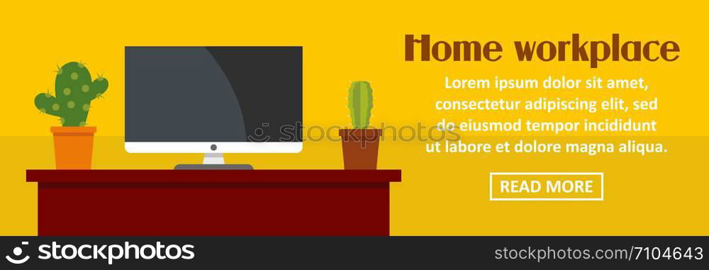 Home workplace with cactus banner horizontal concept. Flat illustration of home workplace with cactus banner horizontal vector concept for web design. Home workplace with cactus banner horizontal concept