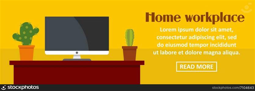 Home workplace with cactus banner horizontal concept. Flat illustration of home workplace with cactus banner horizontal vector concept for web design. Home workplace with cactus banner horizontal concept