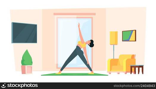Home yoga. Family healthy active stretch gymnastic person making exercises in living room garish vector background. Illustration fitness exercise training at home, sport healthy yoga. Home yoga. Family healthy active stretch gymnastic person making exercises in living room garish vector background