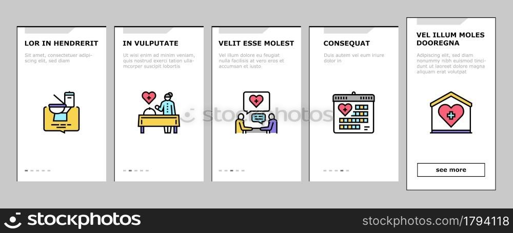 Homecare Services Onboarding Mobile App Page Screen Vector. Volunteer Personal Care Elderly And Sick People, Dressing And Helping Washing Homecare Services Illustrations. Homecare Services Onboarding Icons Set Vector