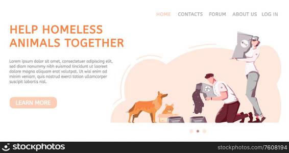 Homeless animal horizontal banner with flat images of people with pets and clickable links with text vector illustration
