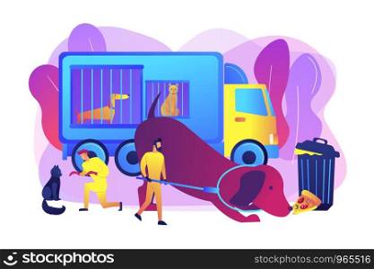 Homeless animals care, transporting dogs to shelters. Animal control service, catching of stray dogs and cats, actual urbanistic problems concept. Bright vibrant violet vector isolated illustration. Animal control service concept vector illustration