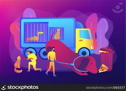 Homeless animals care, transporting dogs to shelters. Animal control service, catching of stray dogs and cats, actual urbanistic problems concept. Bright vibrant violet vector isolated illustration. Animal control service concept vector illustration