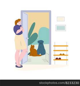 Homeless animals find new home and owner. Dog and cat sitting outside, before open door of house. Flat woman adopted pets, vector adoption concept. Illustration of friend pet adopt. Homeless animals find new home and owner. Dog and cat sitting outside, before open door of house. Flat woman adopted pets, vector adoption concept