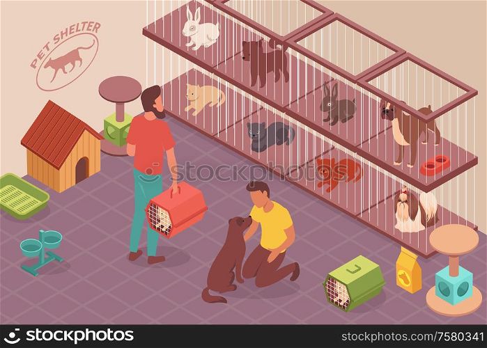 Homeless animals isometric composition with indoor view of pet shelter with cages kennels and people characters vector illustration