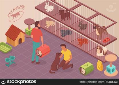 Homeless animals isometric composition with indoor view of pet shelter with cages kennels and people characters vector illustration