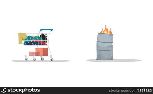 Homeless attributes semi flat RGB color vector illustrations set. Trolley cart with junk inside. Metal barrel with fire. Burning bin. Homelessness isolated cartoon items on white background. Homeless attributes semi flat RGB color vector illustrations set