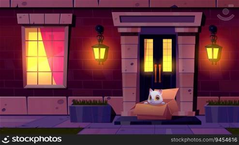 Homeless cat sitting in cardboard box on house porch at night. Vector cartoon illustration of cute fluffy white kitten waiting new master near house door, evening lights in windows. Pet adoption. Homeless cat in box on house porch at night