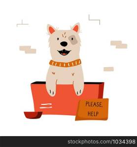 Homeless dog sitting in a cardboard box living on a street. Lonely animal character design.. Homeless dog sitting in a cardboard box
