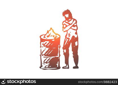 Homeless, fire, poor, problem, trouble concept. Hand drawn homeless man is heated by the fire concept sketch. Isolated vector illustration.. Homeless, fire, poor, problem, trouble concept. Hand drawn isolated vector.