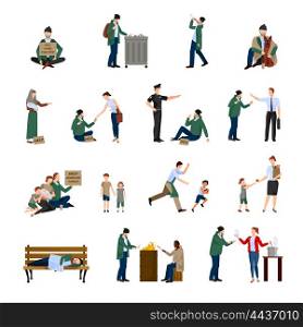 Homeless Icons Set. Homeless people icons set begging on the streets and survive in harsh conditions vector illustration