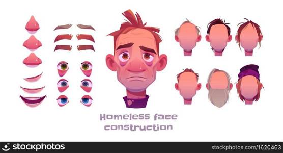 Homeless man face construction, avatar creation with different head parts isolated on white background. Vector cartoon set of beggar, poor character eyes, noses, hairstyles, brows and lips. Homeless man face construction, avatar creation