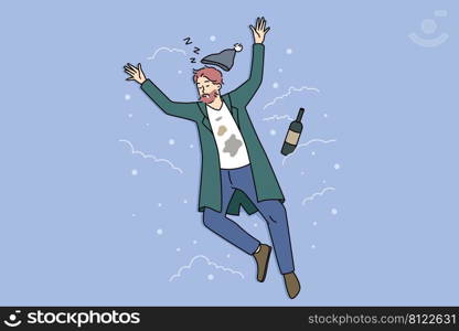 Homeless man sleeping on street on snow next to bottle. Drunk male doze off outdoors struggle with alcoholic addiction. Alcoholism and drunkenness. Flat vector illustration. . Drunk man sleeping on street with bottle