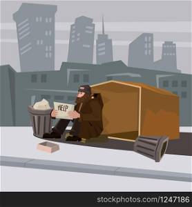 Homeless man with paper sign cartoon style vector illustration. Comic book style imitation. Object On cytiscape background.. Homeless man with paper sign cartoon style vector illustration. Comic book style imitation. Object On cytiscape background. Conceptual illustration