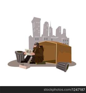 Homeless man with paper sign cartoon style vector illustration. Comic book style imitation. Object On cytiscape background.. Homeless man with paper sign cartoon style vector illustration. Comic book style imitation. Object On cytiscape background. Conceptual illustration