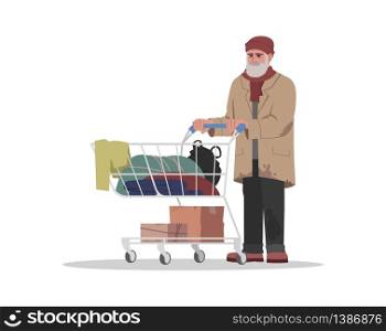 Homeless man with shopping cart semi flat RGB color vector illustration. Unemployed person in poverty with trolley. Jobless senior with pushcart. Beggar isolated cartoon character on white background. Homeless man with shopping cart semi flat RGB color vector illustration