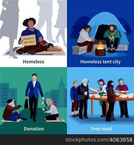 Homeless people 2x2 design concept with hungry beggar sitting on sidewalk man making donation free meal flat vector illustration . Homeless People 2x2 Design Concept