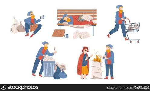 Homeless people, beggars male and female characters begging money, bums wear ragged clothing pick up garbage on street, sleep on bench, warm at barrel. Refugee need help, Linear vector illustration. Homeless people beggars male and female characters