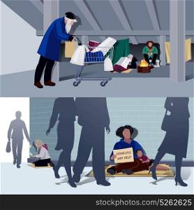 Homeless People Flat Compositions. Homeless people flat horizontal compositions of hungry begging alms and unemployed living in city tents vector illustration