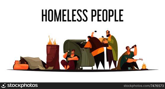 Homeless people gathering food bottles from big garbage can and sleeping outdoor flat cartoon composition vector illustration