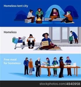 Homeless People Horizontal Banners. Homeless people horizontal banners asylum for jobless and free meal for hungers flat vector illustration