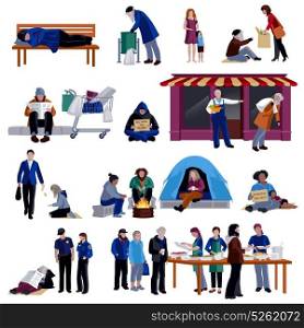 Homeless People Icons Set. Homeless people isolated decorative icons set of tramp sleeping on bench hungry beggar sitting on on sidewalk refugees in camp flat vector illustration