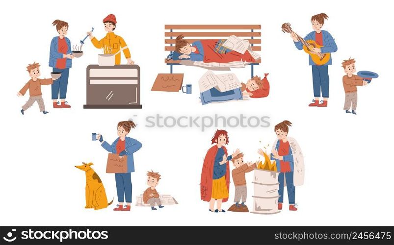 Homeless people in need, woman with child beg money on street. Mother with son eat in shelter, bums wear ragged clothing sleep on bench, warm at barrel. Refugee need help, Linear vector illustration. Homeless people in need, woman with child bums
