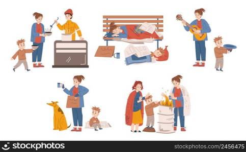 Homeless people in need, woman with child beg money on street. Mother with son eat in shelter, bums wear ragged clothing sleep on bench, warm at barrel. Refugee need help, Linear vector illustration. Homeless people in need, woman with child bums