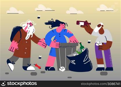 Homeless people in ratty clothes look for food in garbage. Poor persons or refugees delve in trashcan. Beggar problems concept. Homelessness and begging. Flat vector illustration. . Homeless people look for food in trashcan