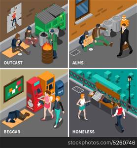 Homeless People Isometric Design Concept. Homeless people isometric design concept including beggars expelled persons with kid needy in food isolated vector illustration
