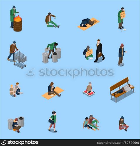 Homeless People Isometric Set. Homeless people isometric set with beggars needy and disabled persons tramps on blue background isolated vector illustration
