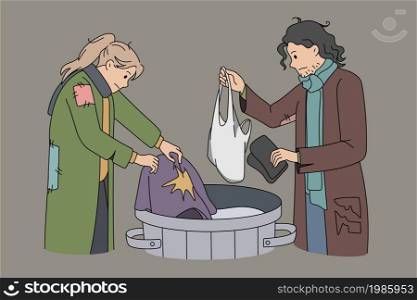 Homeless people look for clothes in trash can on streets. Poor needy beggars find clothing in waste outdoor. Homelessness and poverty. Refugee problem concept. Flat vector illustration. . Homeless people look for clothing in trash can
