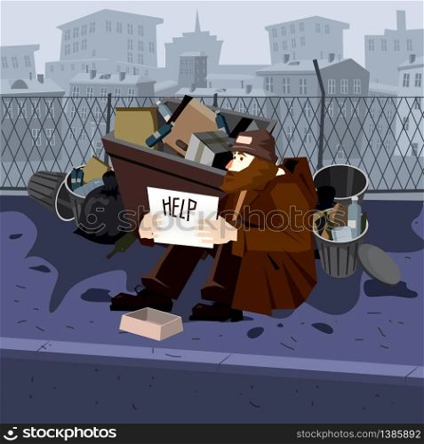 Homeless sad poor person male character beg help money near the garbage containers. The poor homeless man asks for help from iron trash cans. City background. Vector isolated cartoon style
